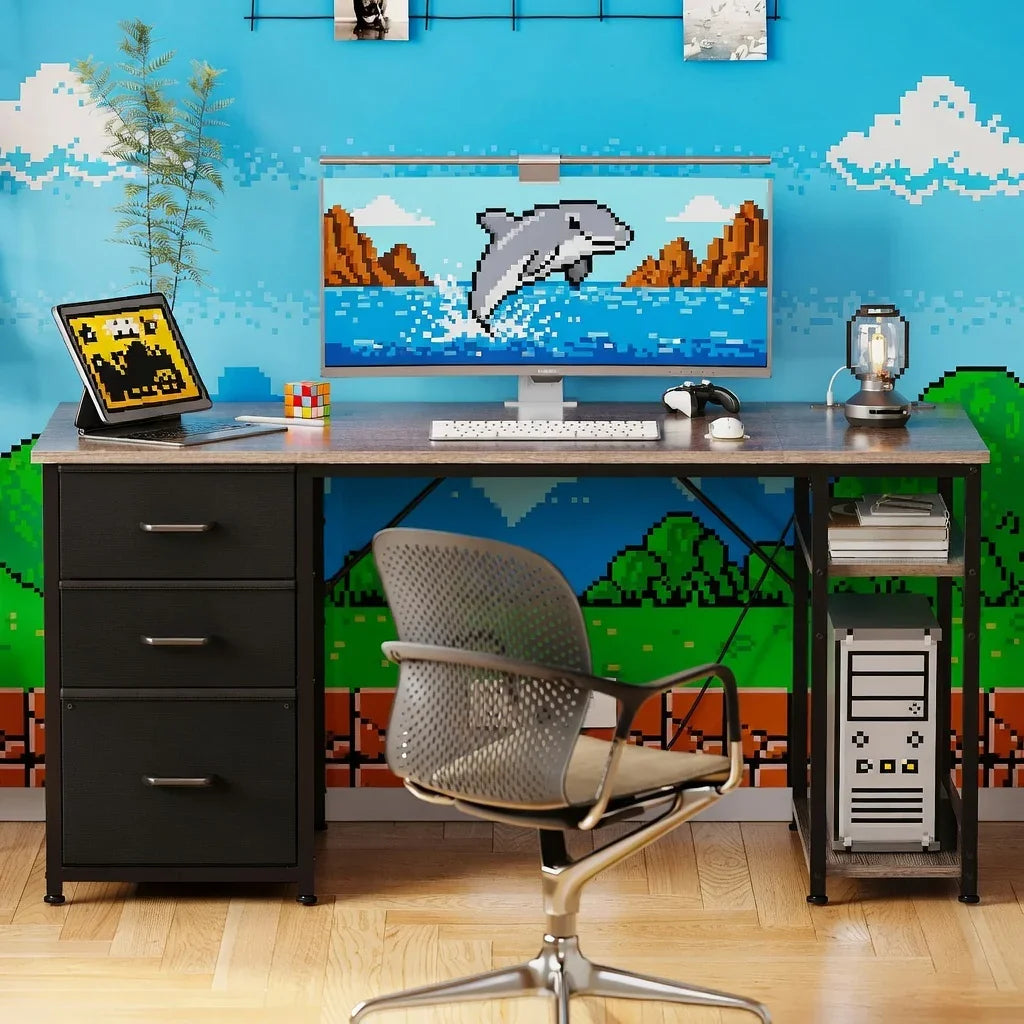 Retro gaming desk setup with 8-bit wallpaper, monitor, keyboard, and gaming PC
