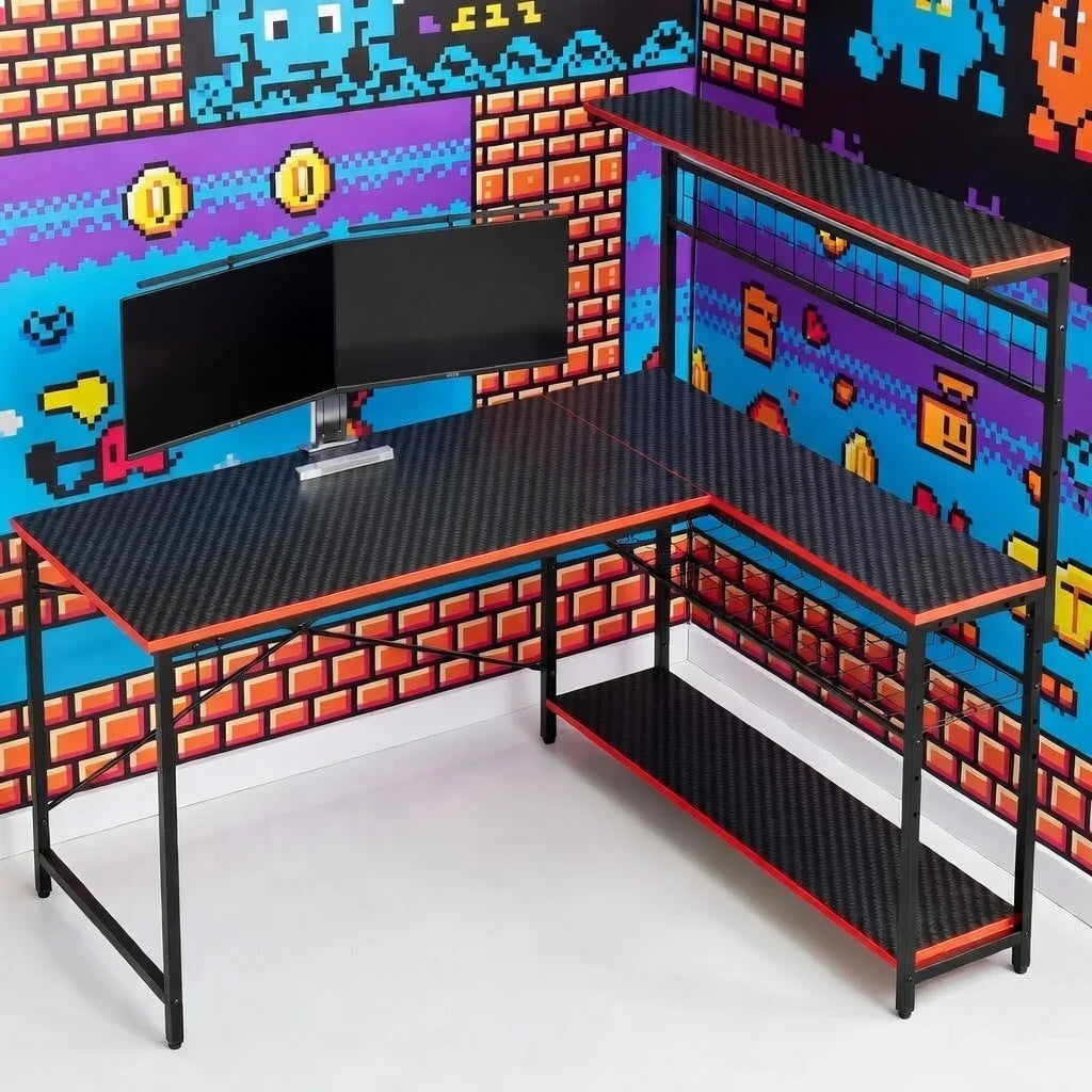 L-shaped gaming desk with dual monitors, carbon fiber finish, and retro 8-bit pixel wall art