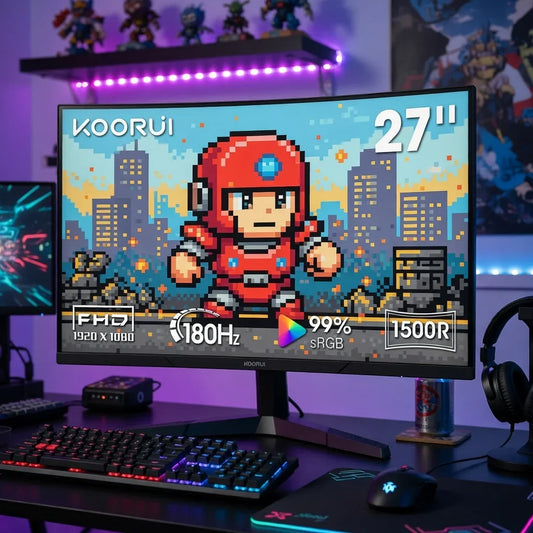 27-inch gaming monitor displaying 8-bit pixel art, RGB keyboard and mouse on desk
