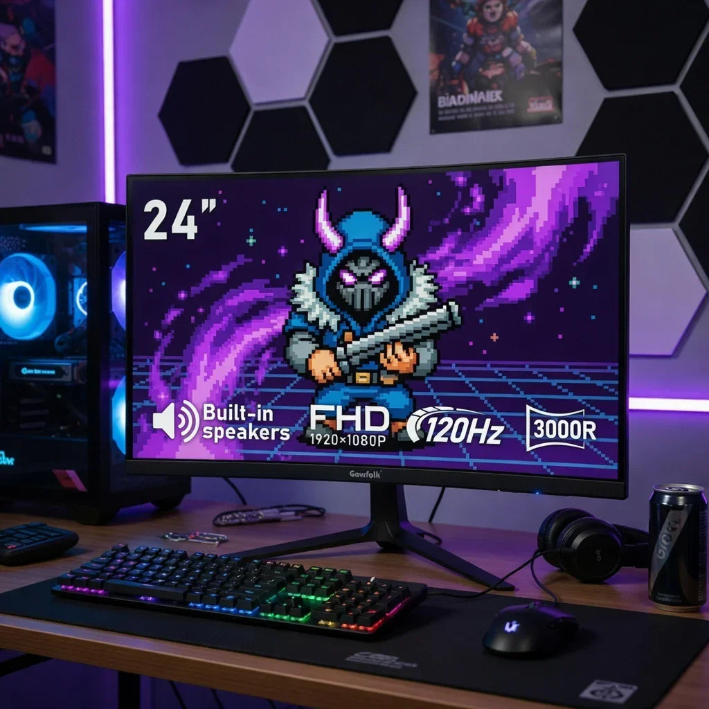 24-inch gaming monitor with retro 8-bit character, RGB keyboard, and gaming PC setup