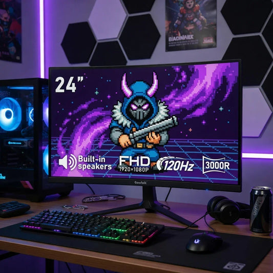 24-inch gaming monitor with retro 8-bit character, RGB keyboard, and gaming PC setup