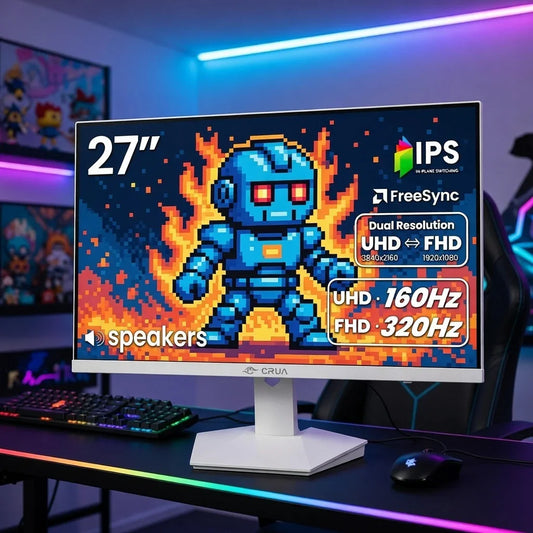 27-inch gaming monitor displaying retro pixel art robot, RGB setup, and specs like UHD, IPS, 160Hz
