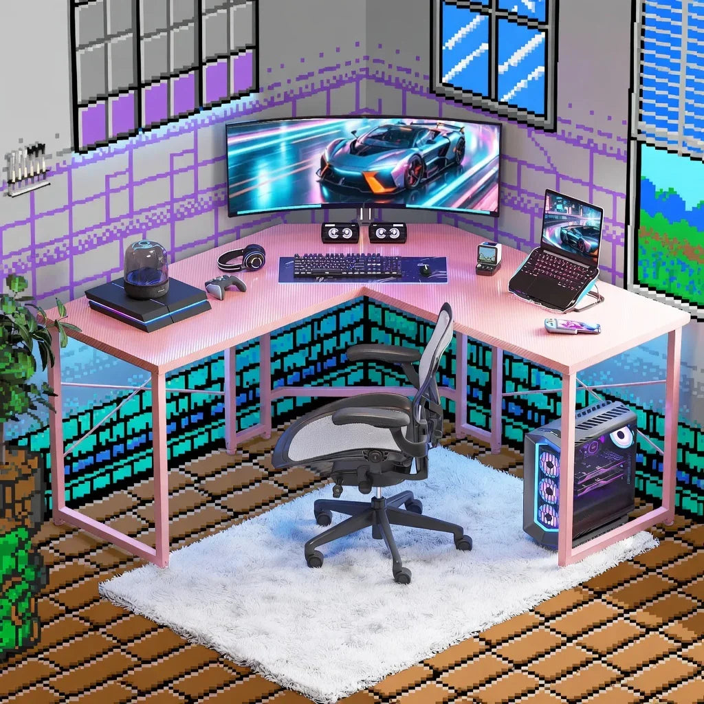 Retro 8-bit gaming setup with RGB keyboard, curved monitor, gaming mouse, and PC on pink desk