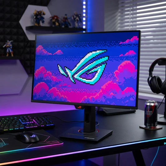 RGB gaming setup with 8-bit pixel art monitor, mechanical keyboard, and gaming mouse
