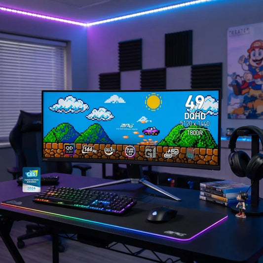 Ultra-wide gaming monitor with 8-bit retro game, RGB keyboard, and gaming mouse on desk