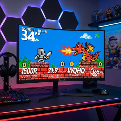 Curved 34-inch gaming monitor on RGB desk, displaying retro 8-bit game with knight and dragon.