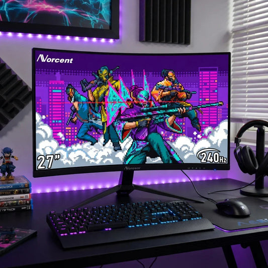 Gaming desk setup with Norcent 27-inch 240Hz curved monitor displaying 8-bit art, RGB keyboard, mouse, headset, and game figurines.