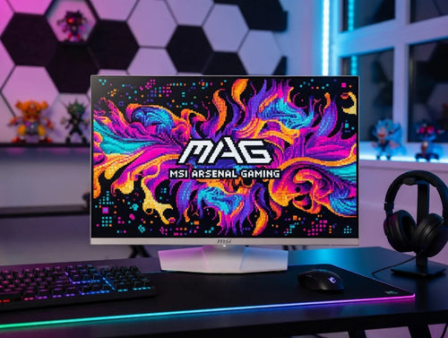 MSI gaming monitor on RGB desk with colorful 8-bit pixel art display, keyboard, and headset
