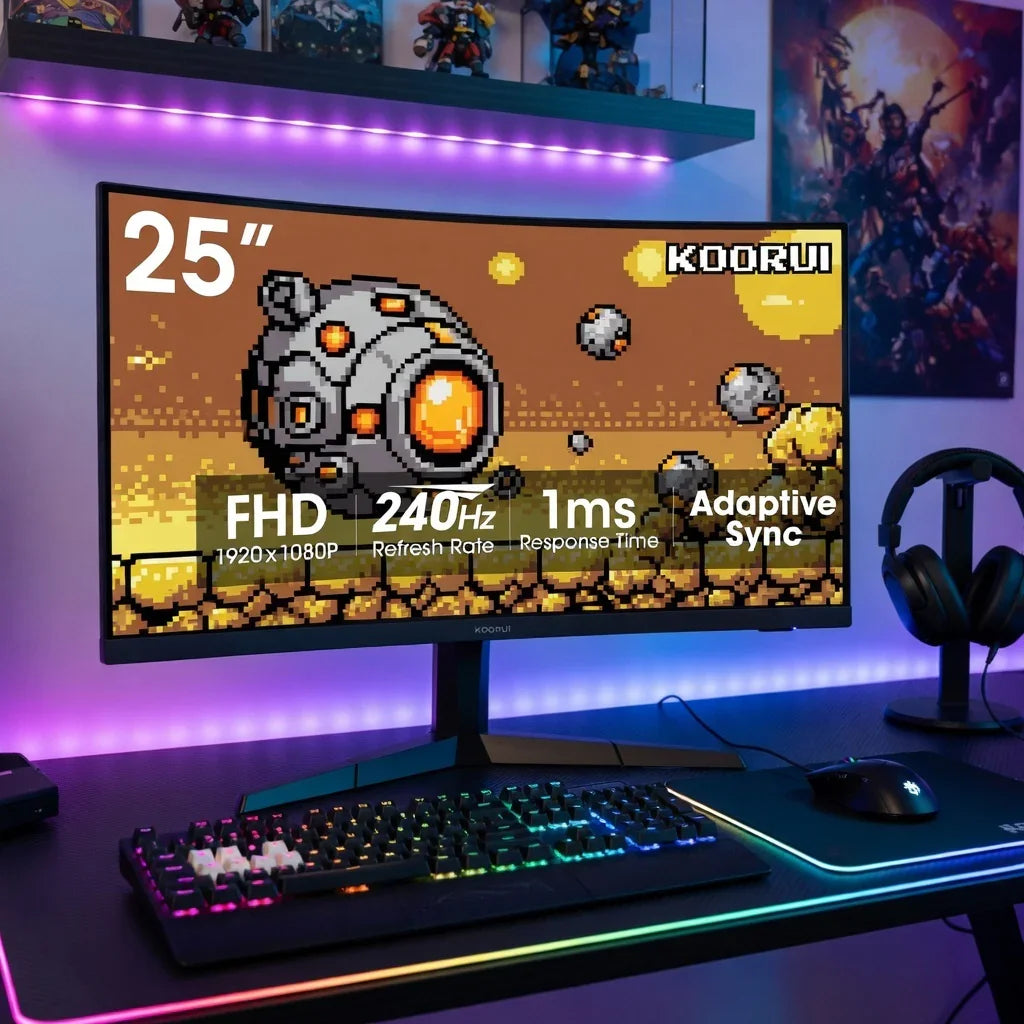 25-inch KOORUI gaming monitor on RGB-lit desk with pixel art game, headset, and keyboard