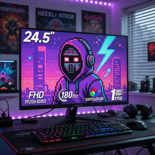 24.5-inch gaming monitor with RGB keyboard and mouse, pixel art on screen, purple LED setup