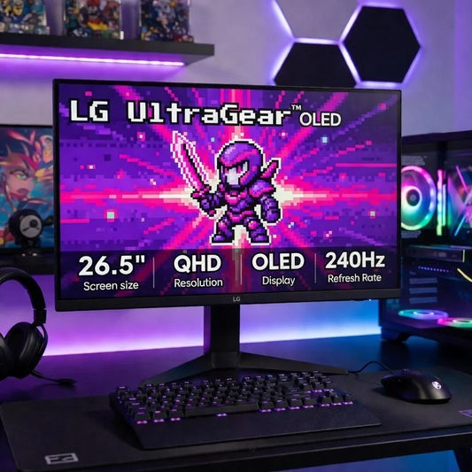 LG UltraGear OLED gaming monitor on desk with RGB setup, retro 8-bit knight display.