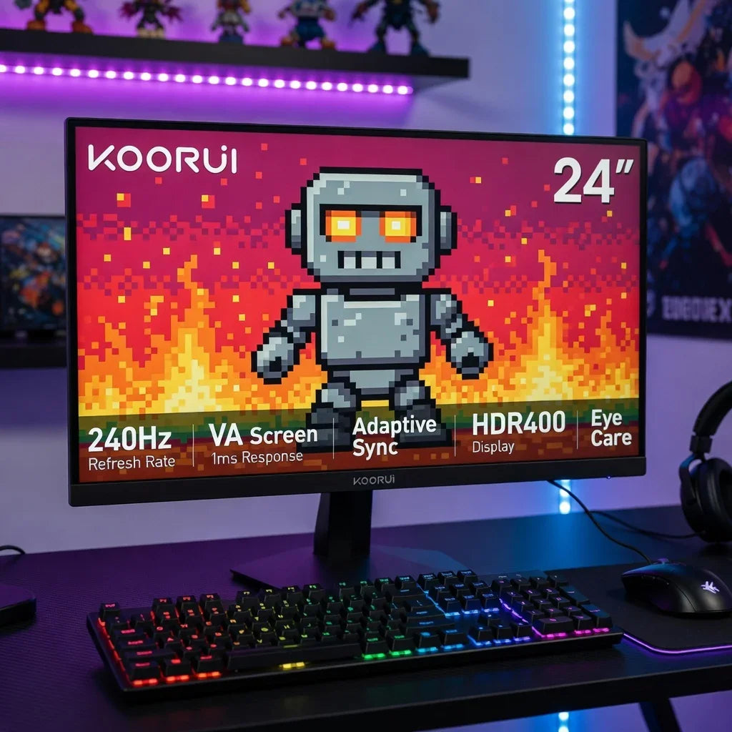 KOORUI 24-inch gaming monitor with pixel robot on screen, RGB keyboard, and mouse