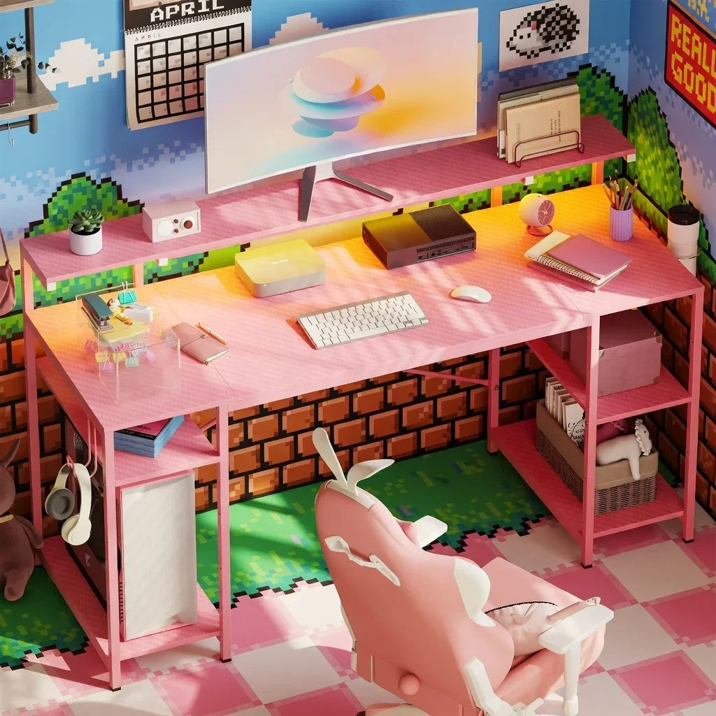 Pastel pink gaming setup with 8-bit pixel art walls, curved monitor, and bunny chair