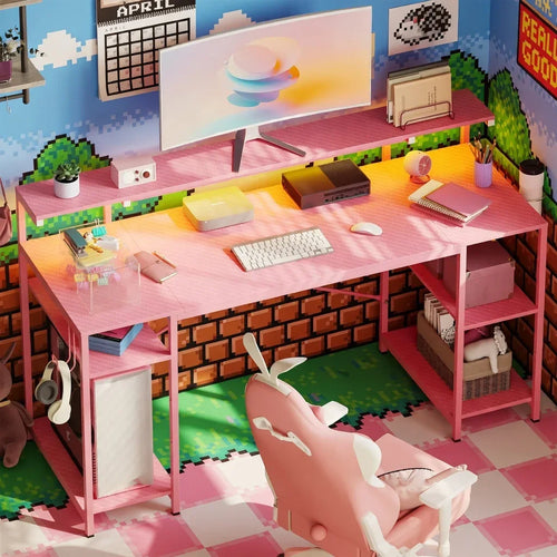 Pastel pink gaming setup with 8-bit pixel art walls, curved monitor, and bunny chair