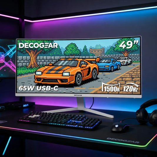 Ultra-wide 49-inch curved gaming monitor on RGB-lit desk with pixel art racing game displayed