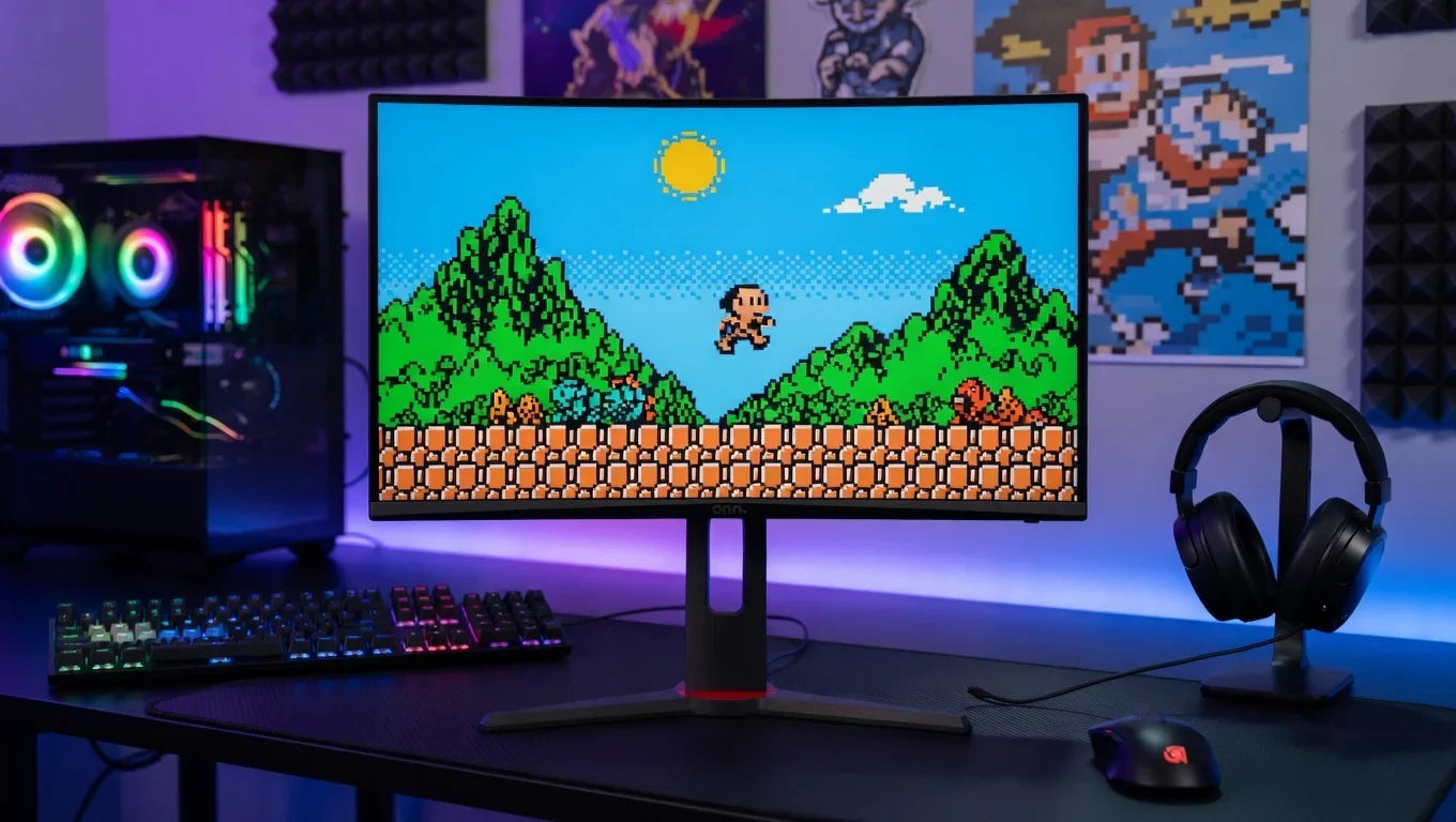 RGB gaming setup with curved monitor displaying retro 8-bit pixel game, mechanical keyboard, mouse, headphones.