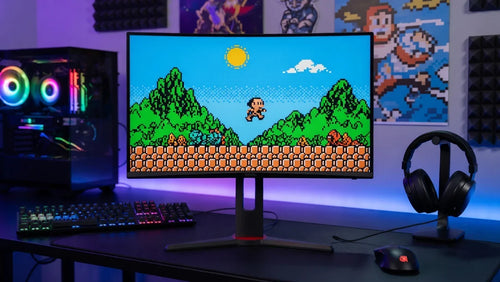 RGB gaming setup with curved monitor displaying retro 8-bit pixel game, mechanical keyboard, mouse, headphones.