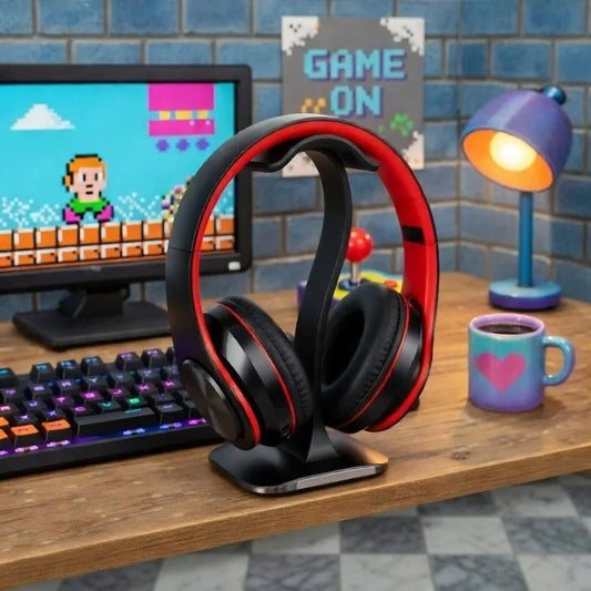 Gaming headset on stand, RGB keyboard, retro 8-bit PC setup, and pixel art decor