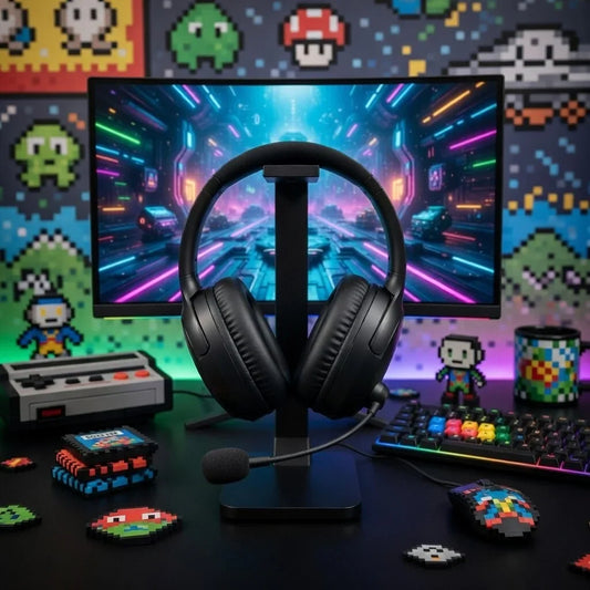 Gaming headset on stand with colorful RGB keyboard, pixel art mouse, and retro 8-bit decor