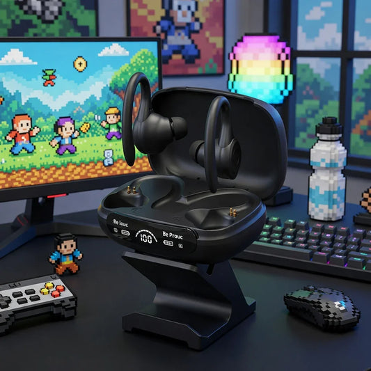 Wireless gaming earbuds in charging case on desk with retro 8-bit gaming setup