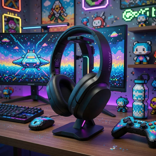 Wireless gaming headset on stand with 8-bit pixel gaming setup, keyboard, mouse, and controller