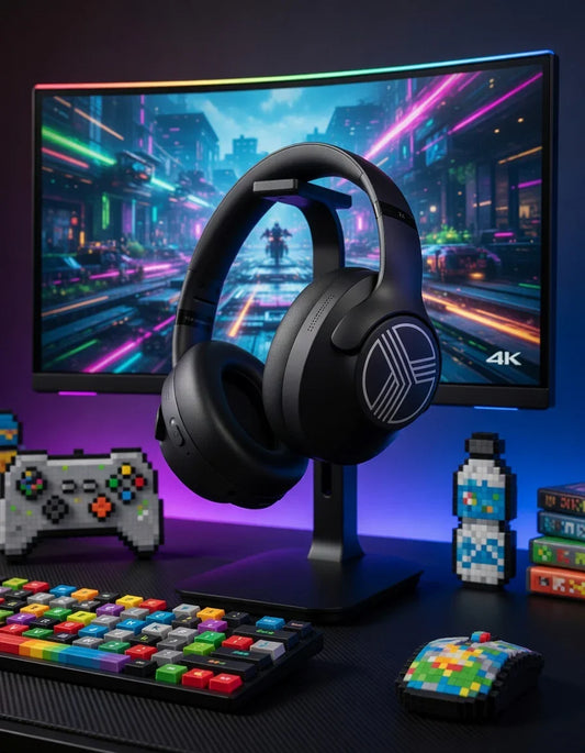 Colorful mechanical keyboard, gaming headset, and mouse on RGB-lit desk with 4K monitor