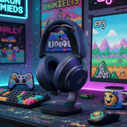 Gaming headset on stand with RGB keyboard, retro mouse, and pixel art decor in a colorful setup.