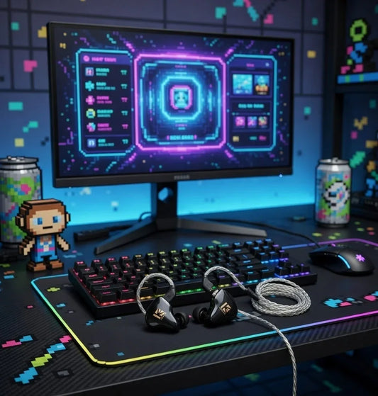 Retro gaming gear setup with RGB keyboard, monitor, wired earbuds, and pixel art decor
