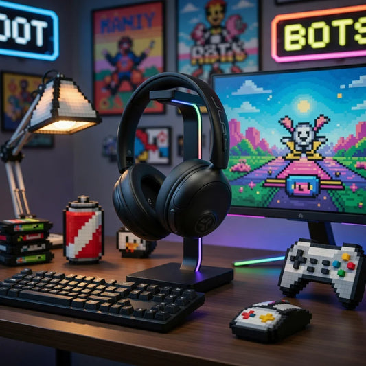 Retro gaming desk with mechanical keyboard, headset, pixel art mouse, and 8-bit decor.