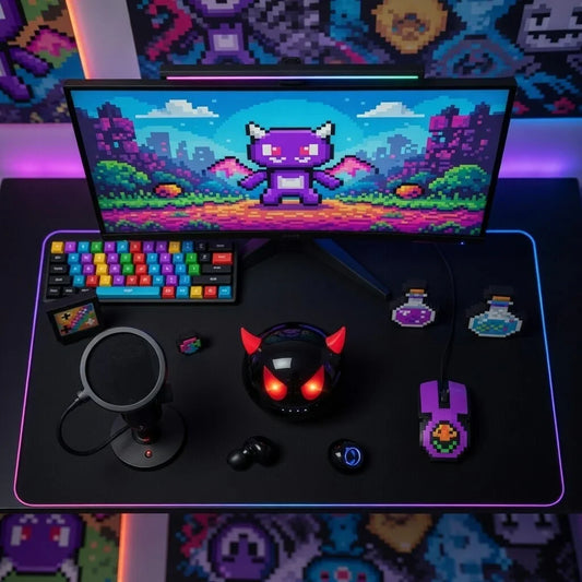 Retro 8-bit gaming setup with RGB keyboard, pixel art mouse, microphone, and colorful monitor.