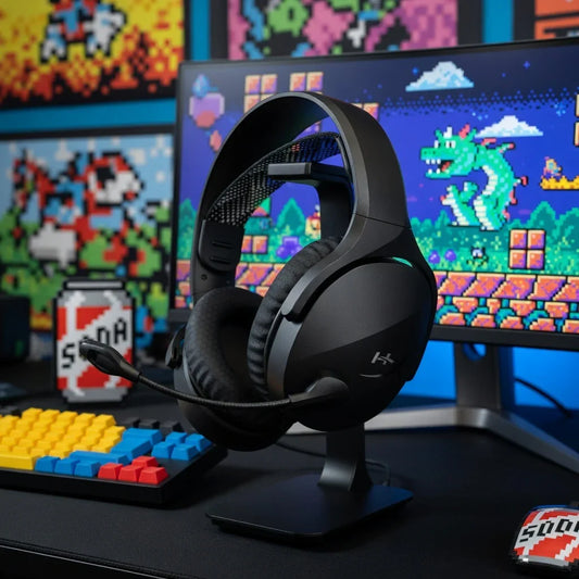 Gaming headset on stand with colorful mechanical keyboard and 8-bit retro game on monitor