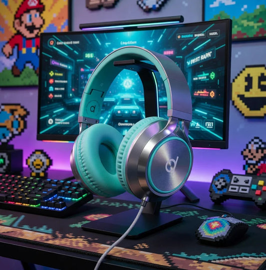 Mint green gaming headset on stand with RGB keyboard and retro 8-bit gamer setup