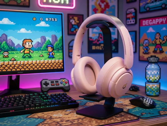 Pink gaming headset on desk with RGB keyboard, mouse, and retro pixel art gaming decor