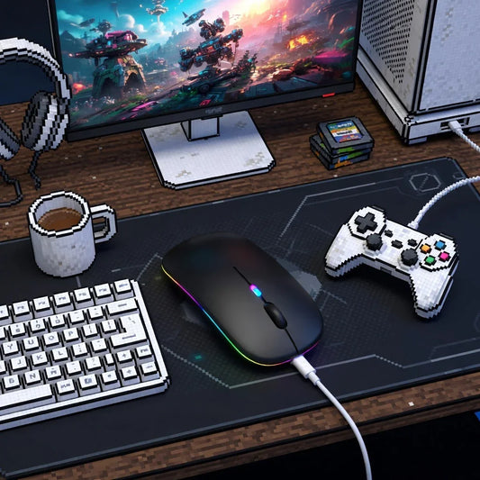 Retro 8-bit gaming desktop with RGB mouse, mechanical keyboard, monitor, and game controller.
