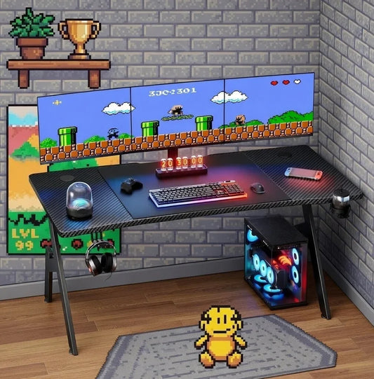 Retro gaming setup with triple monitors, RGB keyboard, gaming PC, and pixel art decor