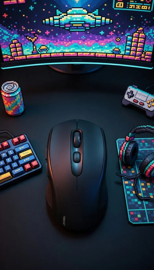 Wireless gaming mouse on desk with retro 8-bit keyboard, headset, and pixel art monitor