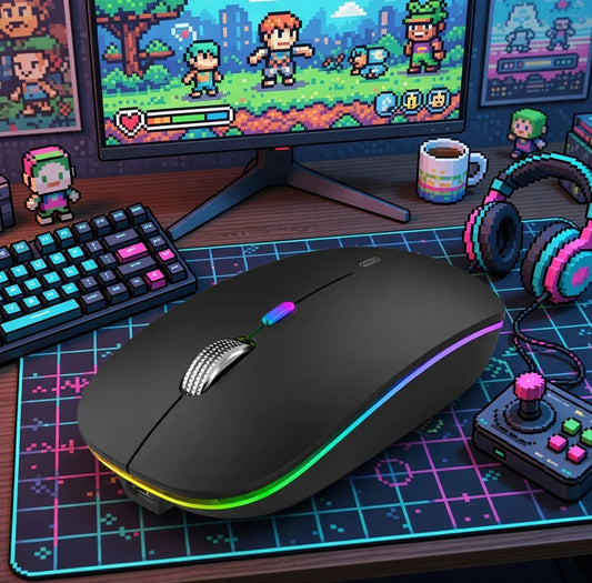 RGB gaming mouse on retro 8-bit themed desk with mechanical keyboard, headphones, and monitor