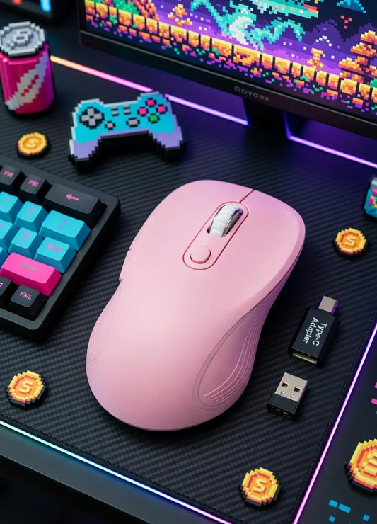 Pink gaming mouse, RGB keyboard, and 8-bit retro gaming setup with pixel art on screen