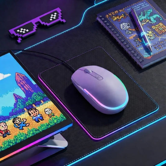 Retro gaming mouse on RGB mouse pad, pixel art notebook, and purple pixel sunglasses