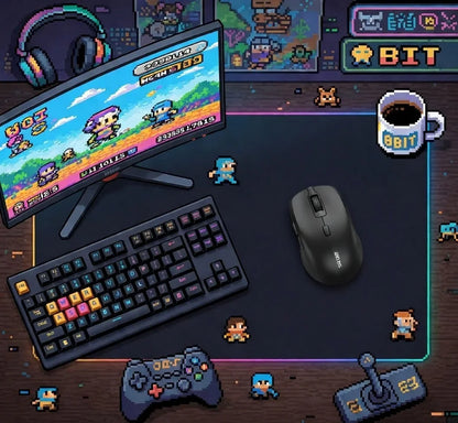 Retro gaming desk setup with 8-bit style RGB keyboard, wireless mouse, and pixel art monitor.