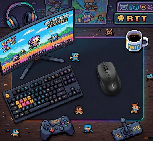 Retro gaming desk setup with 8-bit style RGB keyboard, wireless mouse, and pixel art monitor.