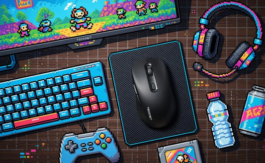 Retro 8-bit gaming desk setup with pixel art monitor, keyboard, mouse, headset and game controller.