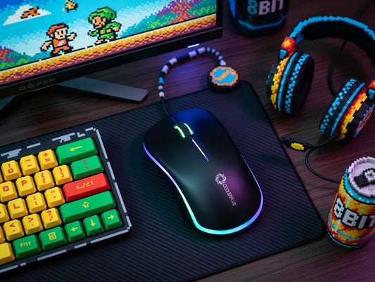 RGB gaming mouse, retro 8-bit style keyboard, and headset on gaming desk setup
