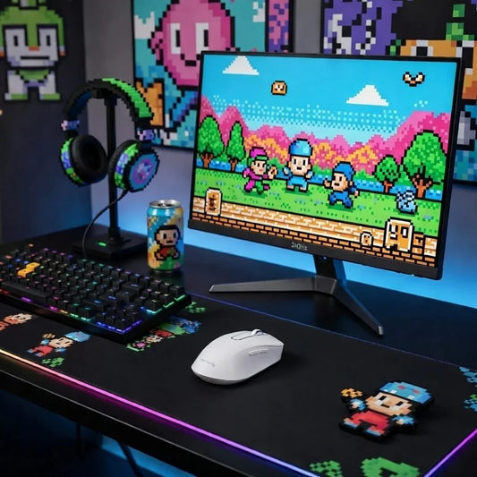 Retro 8-bit gaming setup with RGB keyboard, gaming mouse, monitor, and pixel art decor