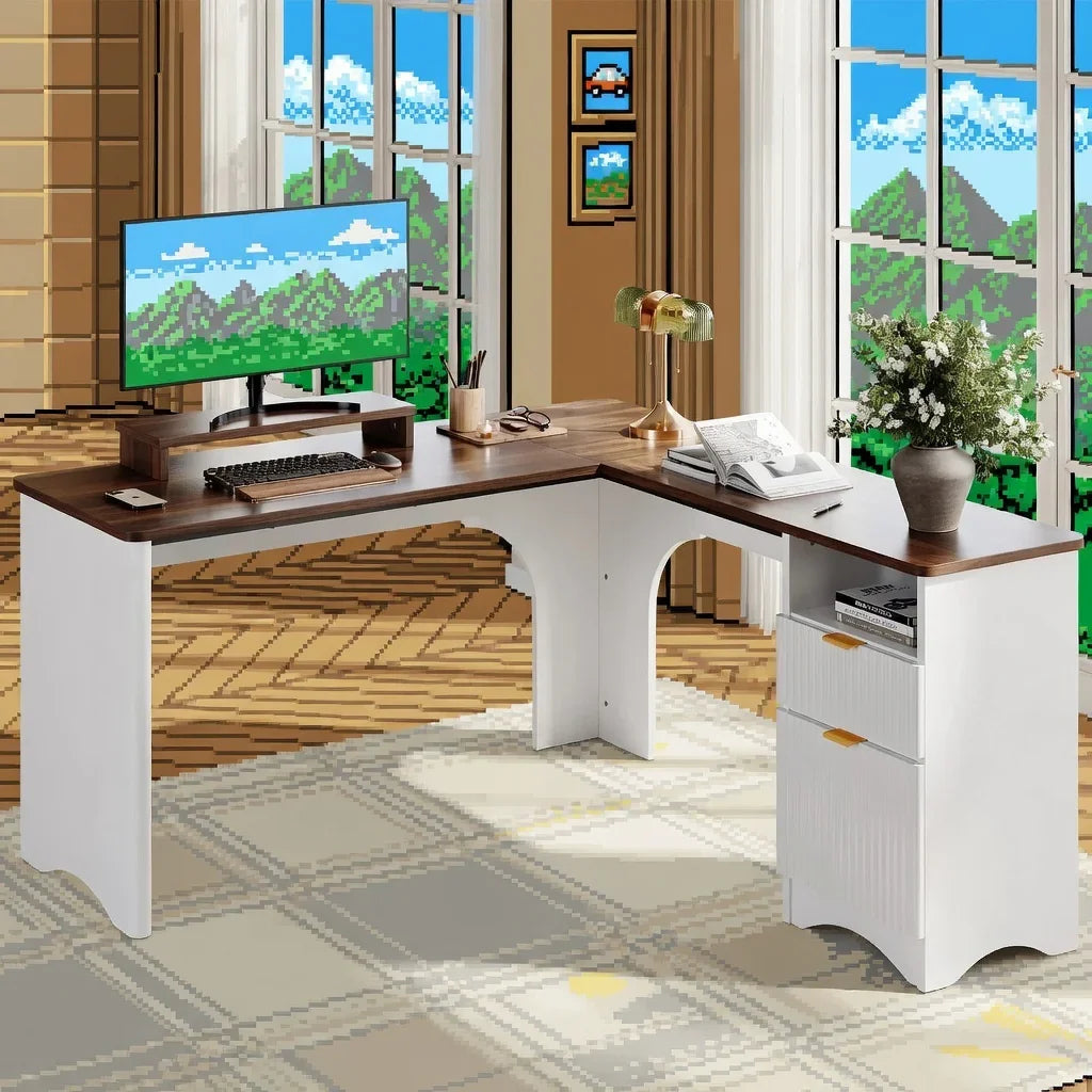 L-shaped gaming desk with monitor, keyboard, and retro 8-bit pixel art background