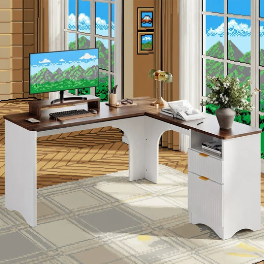 L-shaped gaming desk with monitor, keyboard, and retro 8-bit pixel art background