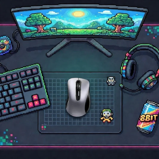 Retro gaming setup with RGB keyboard, wireless mouse, headset, 8-bit monitor and drink can