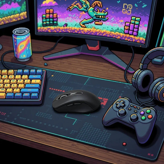 Retro gaming desk setup with colorful mechanical keyboard, mouse, gamepad, headset, and pixel art monitor