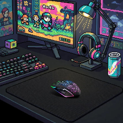8-bit gaming setup with RGB keyboard, cracked pattern gaming mouse, headset, and pixel art monitor