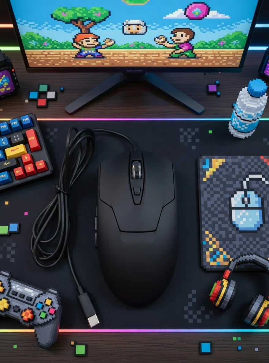 Retro gaming setup with black wired mouse, RGB keyboard, headphones, and 8-bit style monitor.